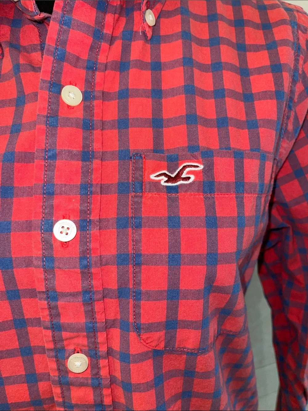 Hollister Red and Navy Plaid Button-Down Shirt